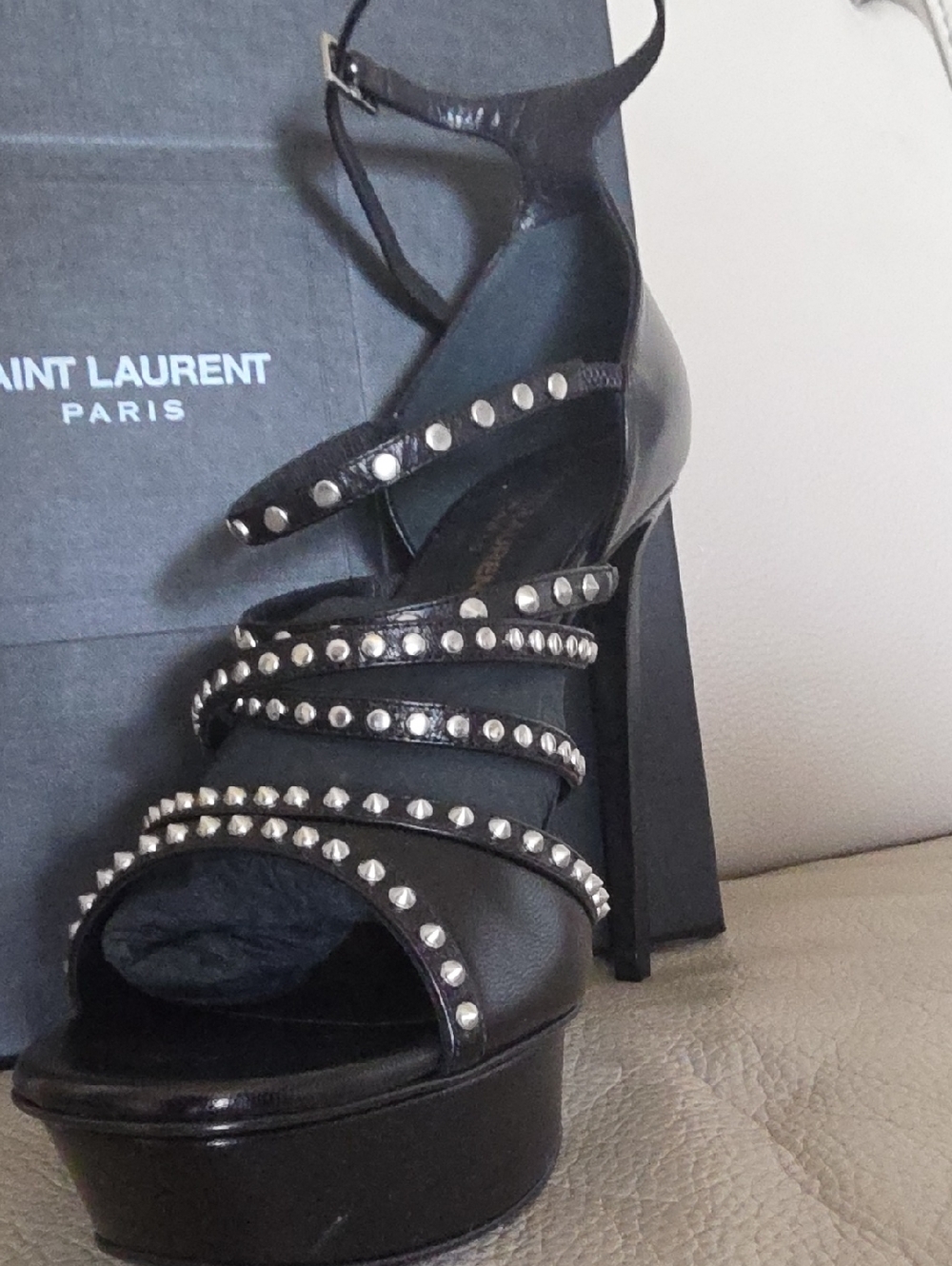 Saint Laurent Black Studded Platform Ankle-Strap Heels